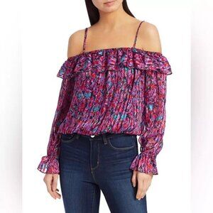 Ramy‎ Brook 'Jaclyn' Off-Shoulder Printed Silk Top blouse long sleeve ruffled SM
